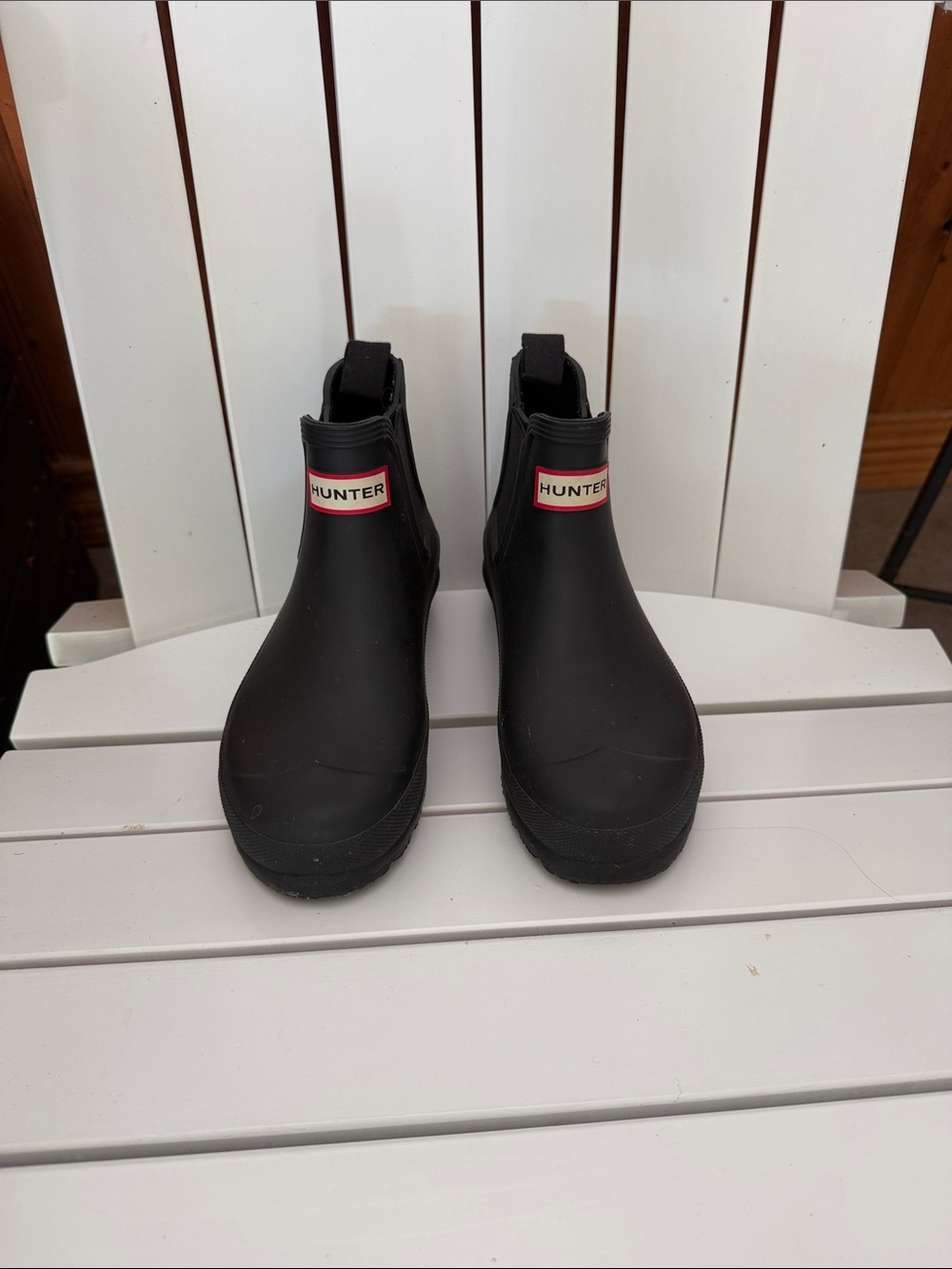 Hunter Black Chelsea Rain Boots with Red Logo Trim
